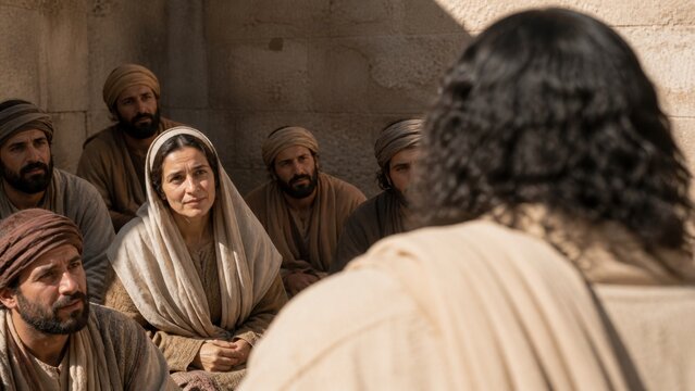 Jesus teaching a woman and men in a biblical stone room. Parable of the lost coin, repentance, forgiveness, faith, and joy in heaven from the Gospel of Luke.