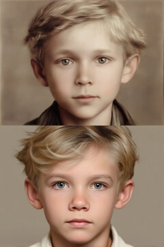 A vertical comparison portrait showing the natural facial aging process of a young blonde boy from early childhood to older youth