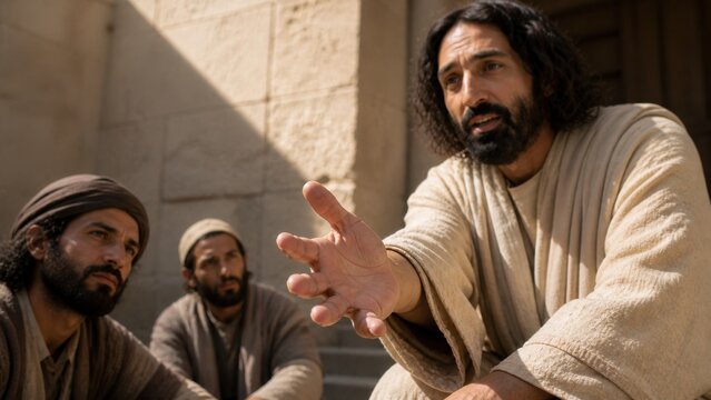 Jesus teaching two men about the parable of the lost coin. Biblical lesson about repentance, redemption, spiritual joy, and the value of every sinner in the Gospel of Luke.