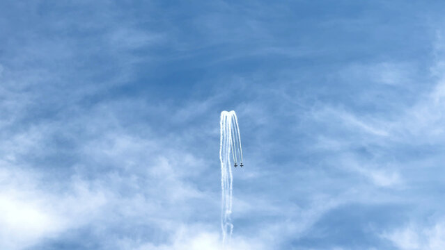 Aerobatic Jets Performing Vertical Maneuver with White Smoke Trails
