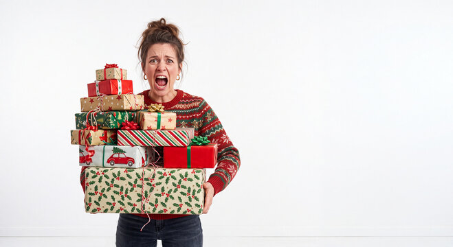 A funny stressed young woman carrying an enormous pile of wrapped holiday gift boxes while shouting against a white background