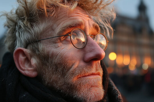 Side view portrait of an elderly bearded man with round eyeglasses and textured weathered skin standing in the warm city sunset light