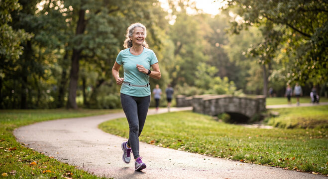 Active senior woman with grey hair running on a paved path in a lush green public park during sunny morning workout routine