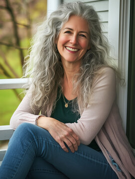 Relaxed mature woman with beautiful long wavy silver grey hair smiling warmly while sitting outdoors on home veranda porch
