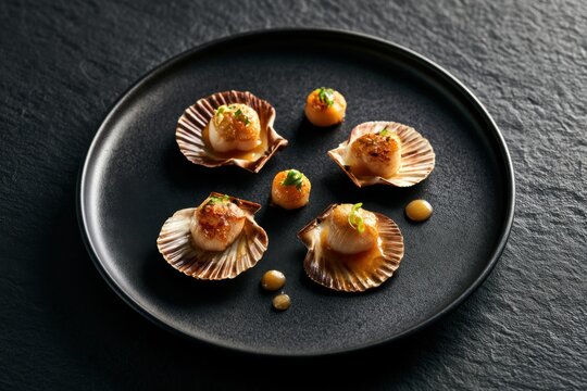 Elegant fine-dining seafood tasting plate featuring cooked scallops in natural shells and gourmet bites with golden sauce on a matte black plate