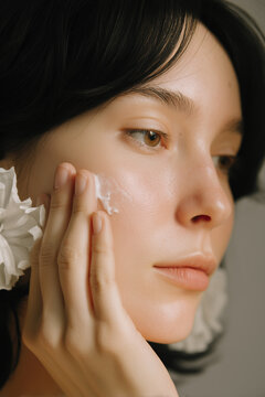 Close up portrait of a young brunette woman applying white moisturizing facial skincare cream on her smooth cheek near white flower