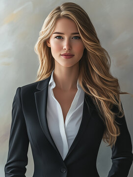 Studio portrait of a confident and beautiful blonde business woman wearing a fitted black blazer jacket with white shirt