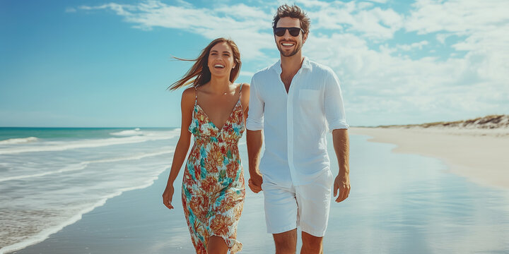 Romantic young couple holding hands and walking barefoot on sandy ocean shoreline during bright summer holiday under clear blue sky