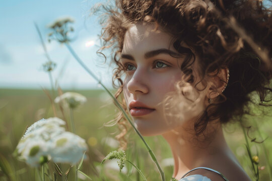 Side profile portrait of an attractive curly haired young woman standing in wild summer flower meadow illuminated by bright daylight
