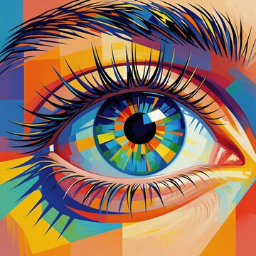 Macro view of human eye with colorful geometric patterns, bright pop art style. Vivid iris iris details with vibrant rainbow shades surround pupil. Artistic illustration design features modern