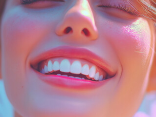 Obraz premium Extreme macro shot of woman showing bright wide joyful smile with healthy white clean teeth and glossy pink lips with iridescent light
