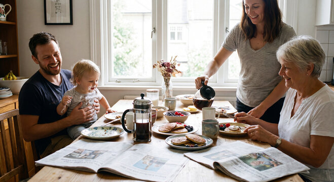 Happy multi generational family with baby grandparents and parents sitting around dining table enjoying morning breakfast meal and coffee together