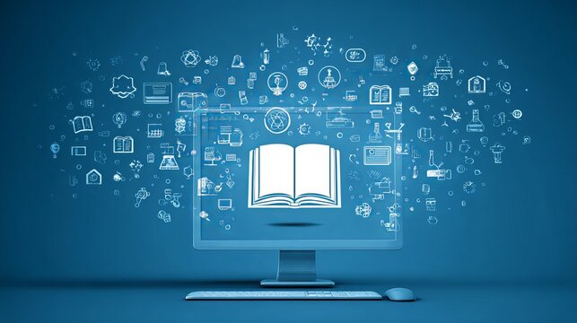 Open book resting before a computer monitor, surrounded by floating icons, symbolizes digital knowledge, education, and a modern learning concept