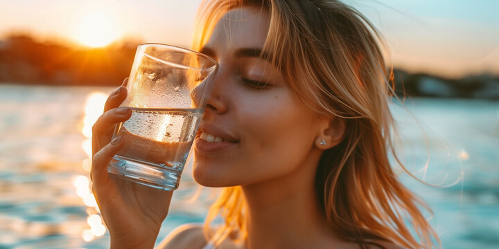 Close up portrait of a young attractive woman holding a transparent glass and drinking pure mineral water by the lake at sunset glow