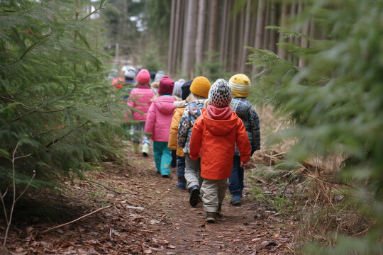 Group of small preschool children wearing warm colorful winter jackets and knit hats walking together along a pine forest path outdoors