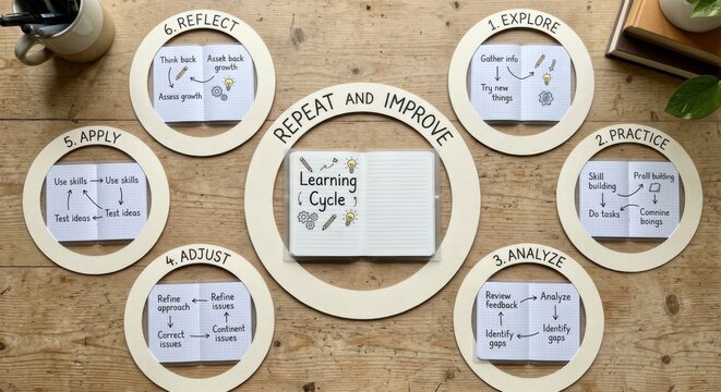 Learning Cycle Concept Displayed with Notebook and Step Diagrams on Wooden Surface