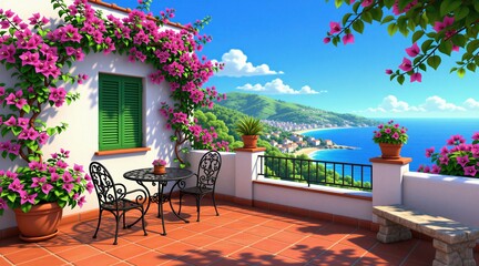 Fototapeta premium Outdoor terrace with table, chairs overlooks ocean bay, town. Mediterranean house balcony features pink bougainvillea flowers in pots. Summer landscape scene with blue water, hills provides peaceful