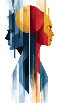 Abstract male and female profile silhouettes with geometric shapes, duality concept illustration