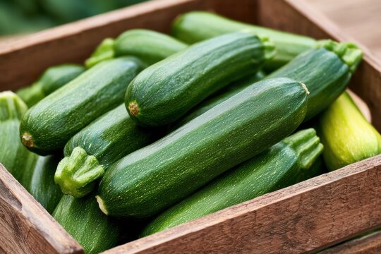 Freshly harvested dark green zucchini and one yellow-green zucchini piled in a rustic wooden crate, showcasing natural imperfections and varying sizes