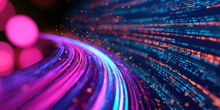 Neon light trails curve through abstract digital space, data streams flow