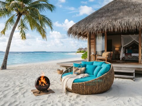 Luxury beach bungalow with outdoor seating and fire pit overlooking turquoise ocean