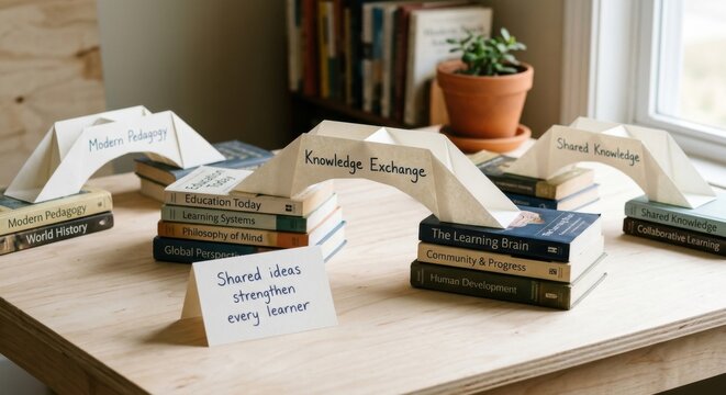 Paper bridge connecting books labeled "Knowledge Exchange" with "Shared Ideas Strengthen Every Learner"