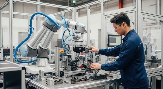 Engineer operating an advanced collaborative industrial robot arm in a high-tech manufacturing facility