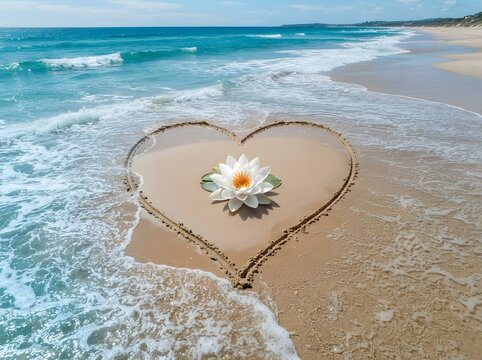 Heart shaped drawing in sand on beach with lotus flower aerial view tropical coastline