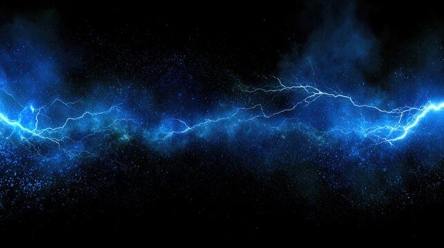 Bright blue lightning crackles across a dark, starry expanse with glowing particles