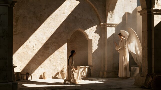 The annunciation, an angel appearing to mary in a sunlit stone courtyard, religious biblical scene