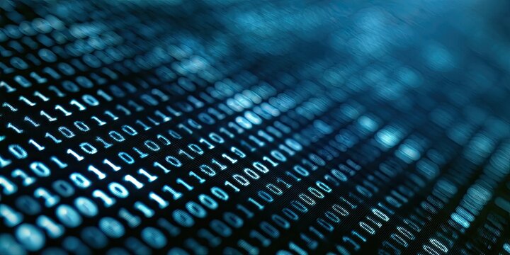 Digital stream of glowing binary code in shades of blue
