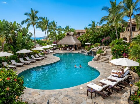 Luxury resort swimming pool with palm trees and sunbathers in a tropical setting