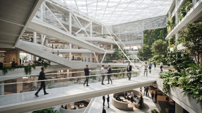Modern corporate atrium with glass ceiling and hanging gardens featuring business people walking on walkways