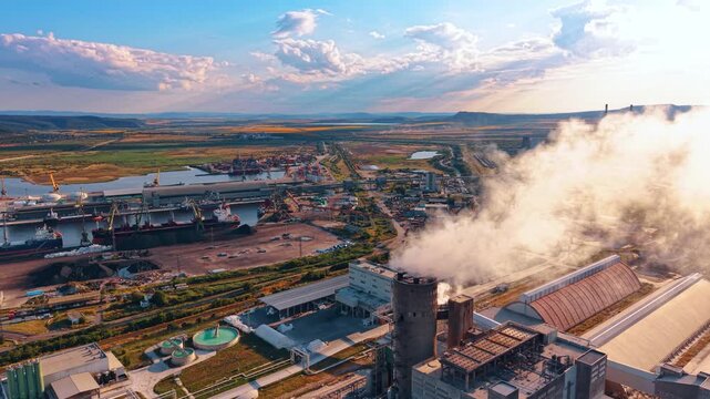 Industrial plant releasing steam beside a cargo port. Drone view shows factory roofs, pipelines and a white vapor plume beside docked bulk carriers and cranes.