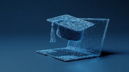 Fototapeta premium Digital graduation cap formed from glowing blue network connections hovers above a laptop, symbolizing modern education and technology integration for online learning