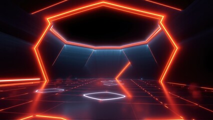 Fototapeta premium Futuristic space. Neon lights form geometric shapes. Dark background emphasizes glowing lines, creating digital atmosphere.