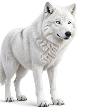 Majestic white Arctic wolf standing full body profile isolated on pure white background 