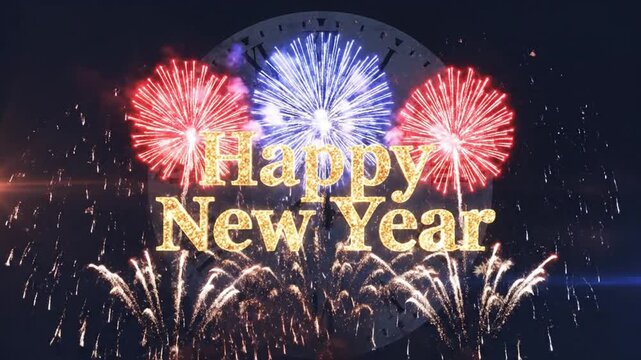 Happy New Year fire text with fireworks and midnight clock