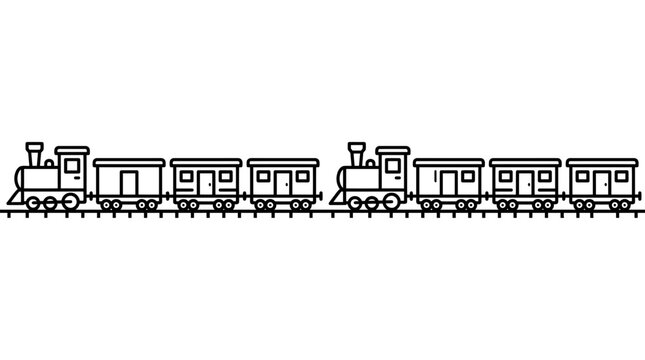 Horizontal steam train line with locomotive and carriages.