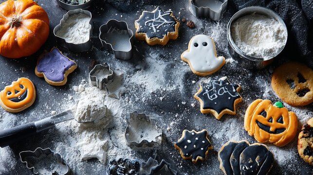 Festive orange pumpkin and spooky black cookie shapes amidst a dusting of flour, creating a charming autumn baking concept for seasonal treats