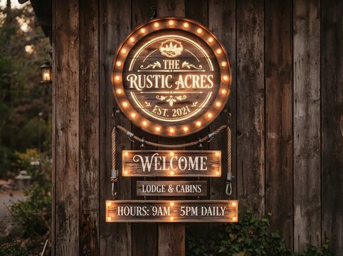 Rustic acres welcome sign with illuminated marquee and wooden background for lodge or cabin