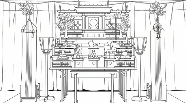 供物を並べた日本の神道葬儀祭壇の漫画線画