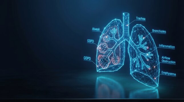 Glowing blue 3D wireframe lungs highlight COPD, alveoli, and airflow obstruction for AI-driven medical and digital science innovation applications.