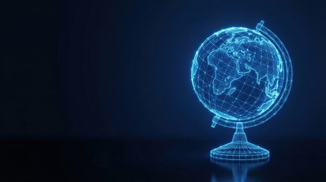 Glowing blue 3D wireframe globe showcases advanced digital innovation perfect for AI, machine learning, and high-tech projects with dark background copy space.