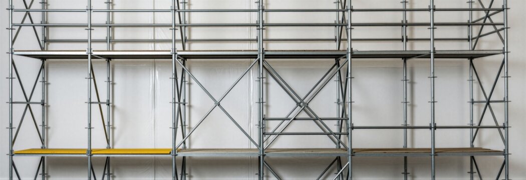 Metal scaffolding system stands against clean white wall background. Industrial steel frame structure provides temporary support for building renovation task. Construction engineering equipment