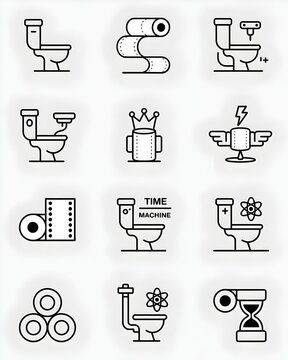 Toilet Iconography: A collection of minimalist line art icons featuring toilets with various imaginative designs, including a time machine and a space-themed toilet.
