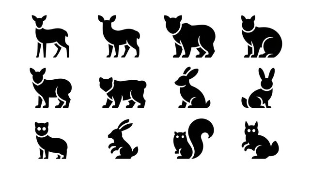 Animal Icons Collection: A diverse set of stylized black silhouette icons depicting various wild animals, including deer, bears, rabbits, cats, and squirrels, presented on a clean white background.