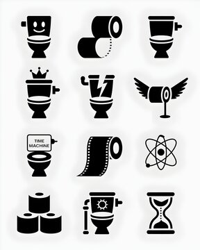 Funny Toilet Icons: A collection of quirky and humorous toilet and toilet paper icons, including a happy toilet, a time-traveling toilet, and a flying toilet roll.