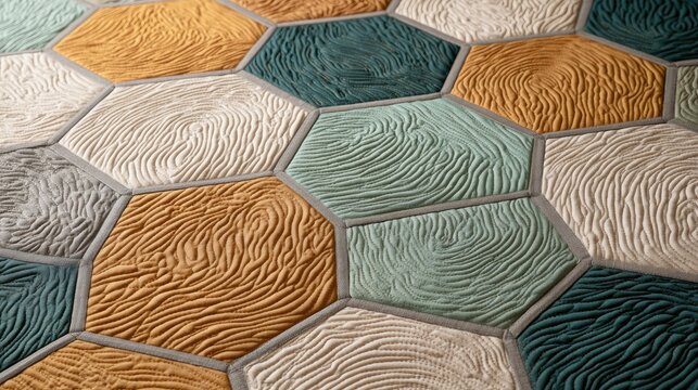 Textured hexagonal tiles in earthy tones, mimicking natural wood grain