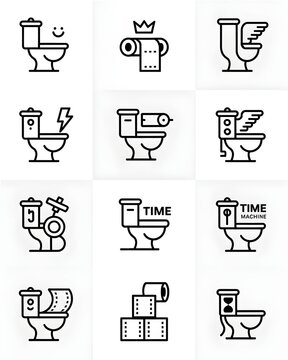 Creative Toilet Icons: A collection of nine distinct line art illustrations depicting toilets in various imaginative scenarios, including one with wings, another as a time machine.